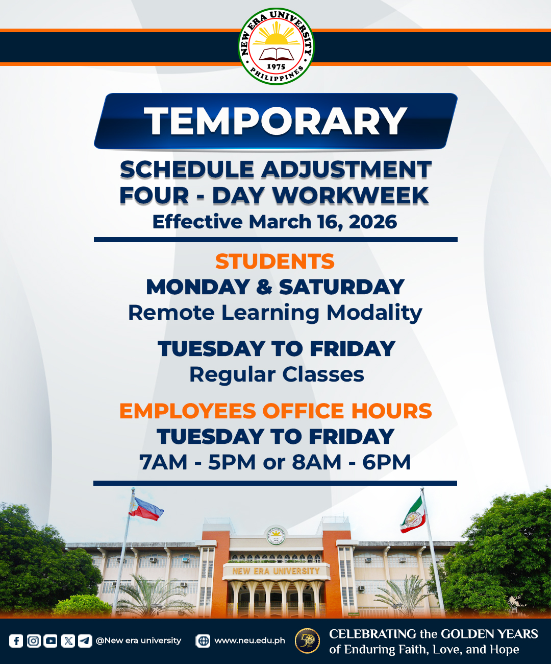 NEU'S TEMPORARY SCHEDULE ADJUSTMENT TO FOUR-DAY WORKWEEK EFFECTIVE MARCH 16, 2026